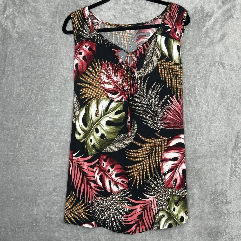 SJS 2X Tank Top Shirt Black Floral Flower Sleeveless Keyhole Scoop Neck Stretch